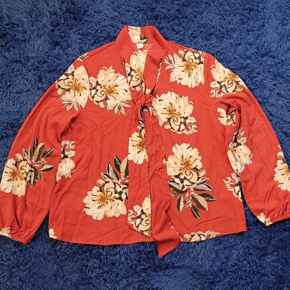 Floerns Women's Floral Print Bow Tied Neck Lantern Long Sleeve Blouse